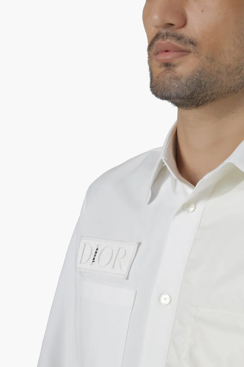 CHRISTIAN DIOR x SACAI Overshirt in Cream Cotton Faille with Patch Logo on Chest 3