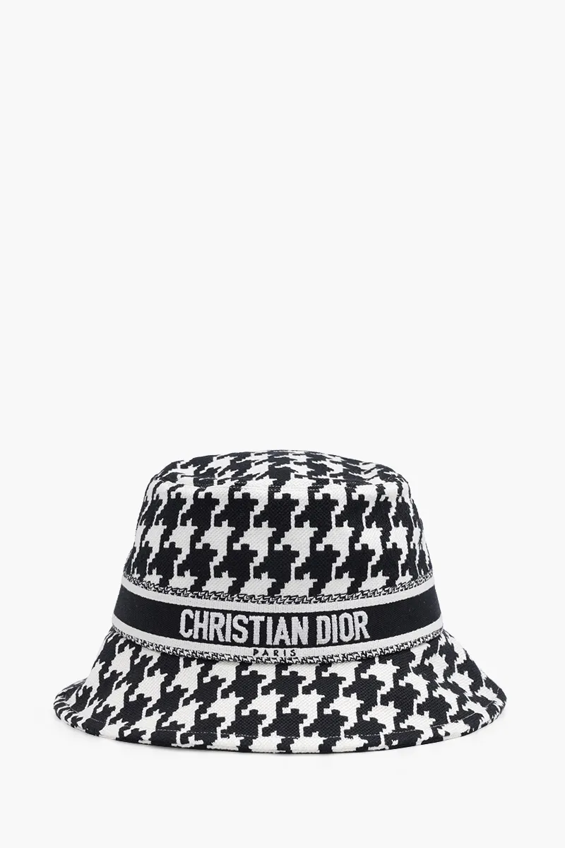 CHRISTIAN DIOR 30 Montaigne Small Brim Bucket Hat in Black/White with Large Houndstooth Motif 0
