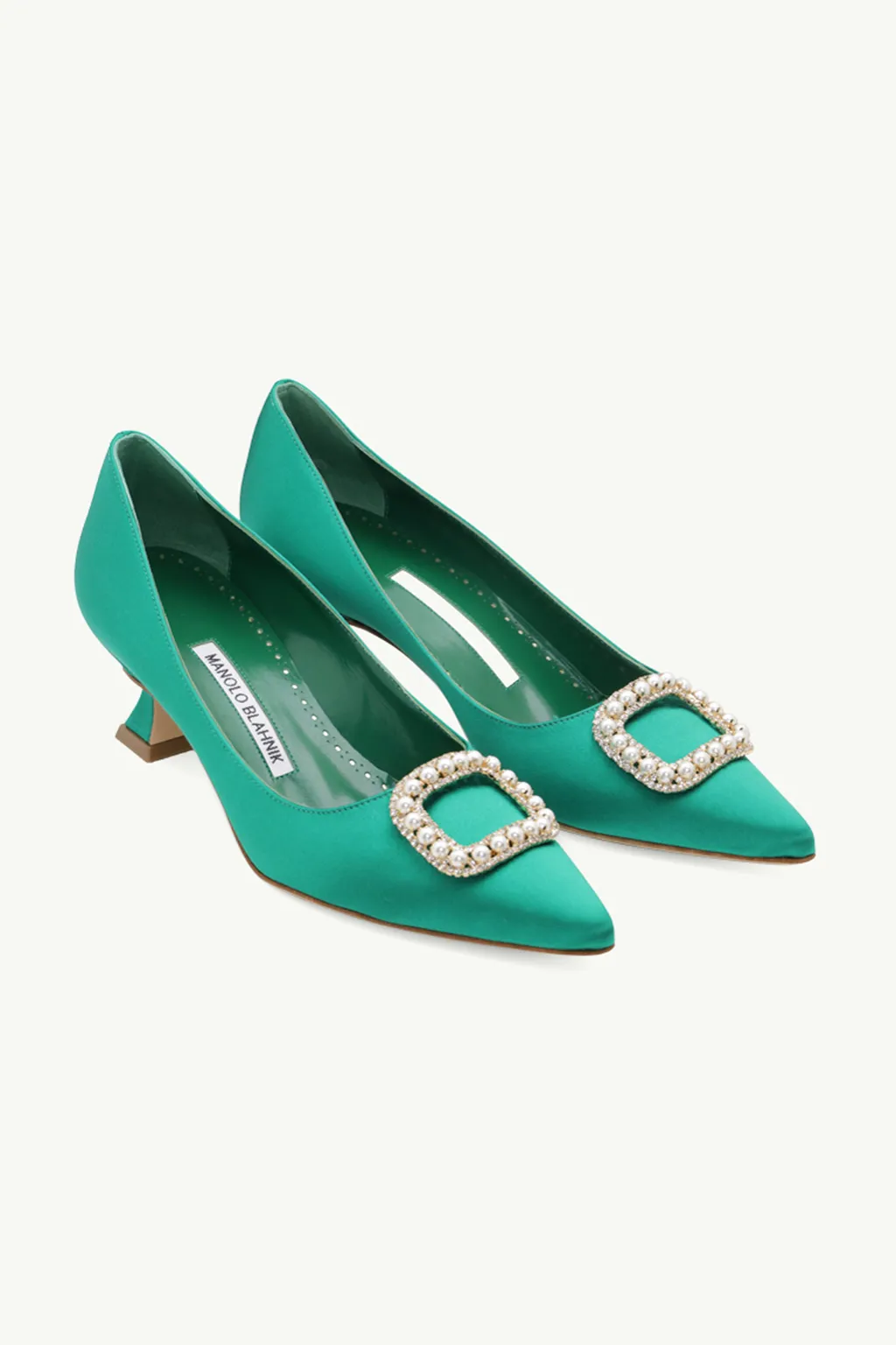 MANOLO BLAHNIK Fabeta Pumps 5cm in Bright Green Satin with Crystal & Pearls 1