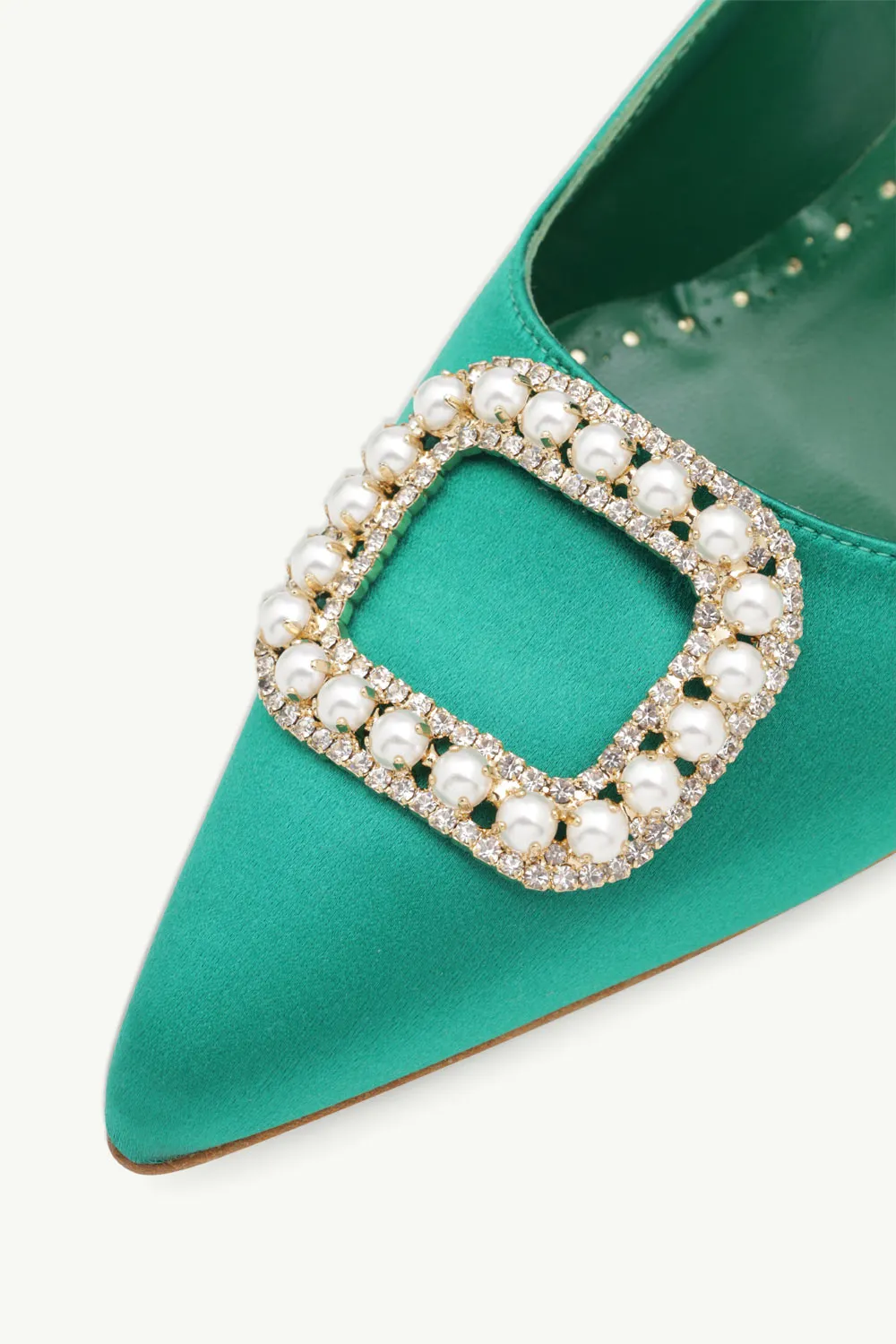 MANOLO BLAHNIK Fabeta Pumps 5cm in Bright Green Satin with Crystal & Pearls 4