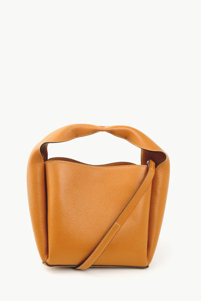 TOTEME Logo Print Cubic Bucket Bag in Tan Supple Grained Leather with Shoulder Strap 2