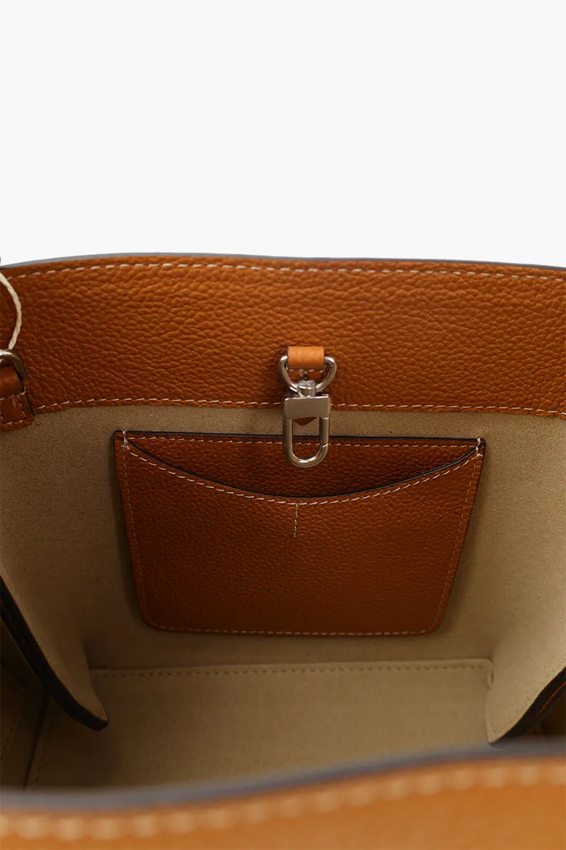 TOTEME Logo Print Cubic Bucket Bag in Tan Supple Grained Leather with Shoulder Strap 3