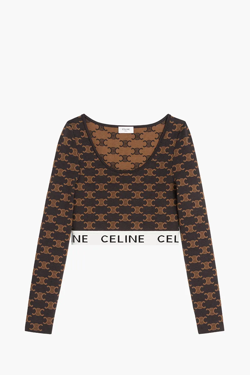 CELINE Women Monogram Triomphe Long Sleeves Crop Top in Black/Tan Silk Cotton 0