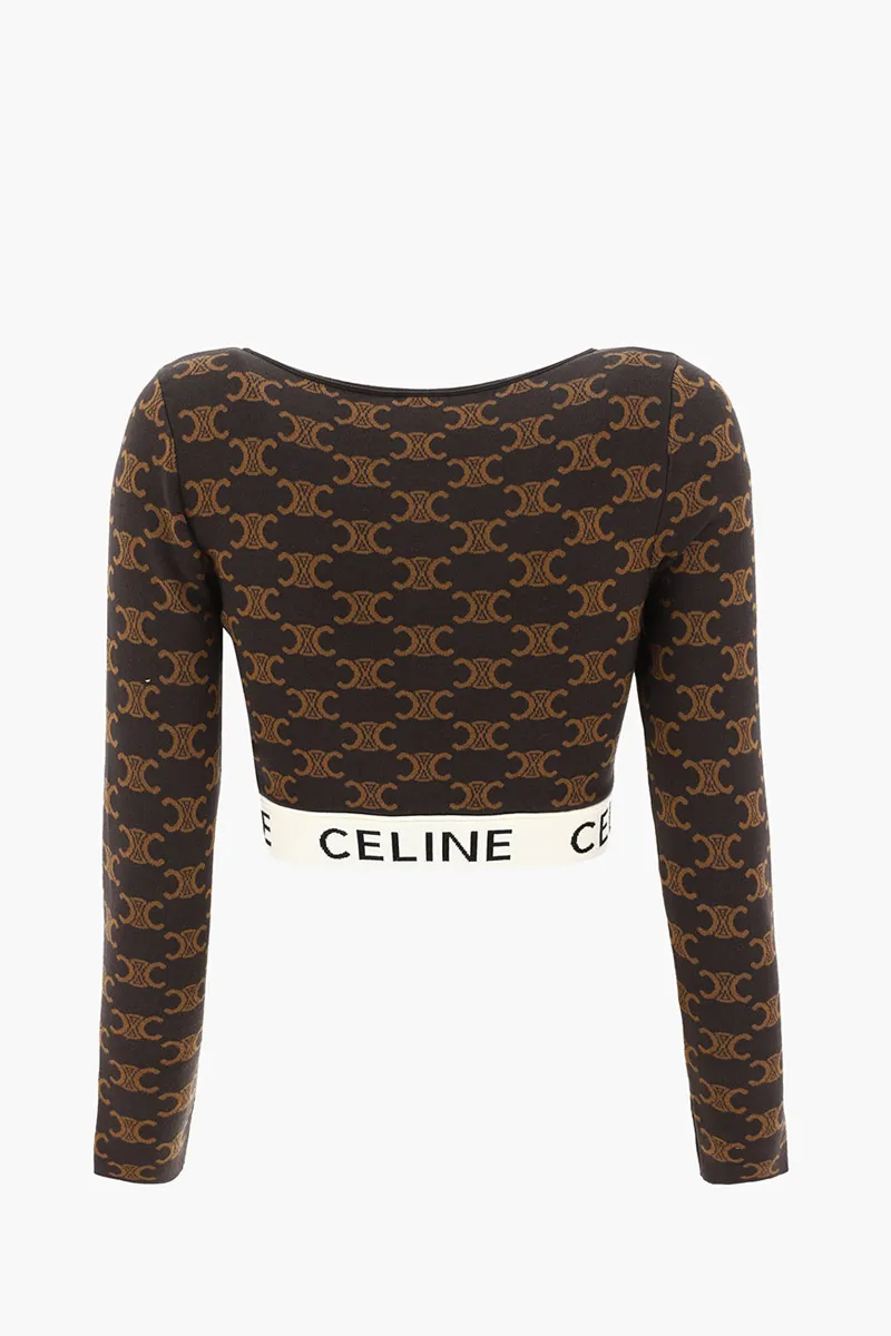 CELINE Women Monogram Triomphe Long Sleeves Crop Top in Black/Tan Silk Cotton 1