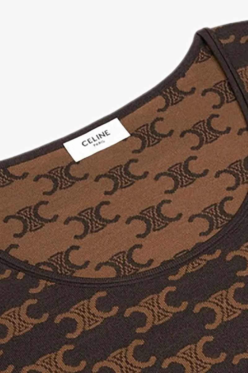 CELINE Women Monogram Triomphe Long Sleeves Crop Top in Black/Tan Silk Cotton 2