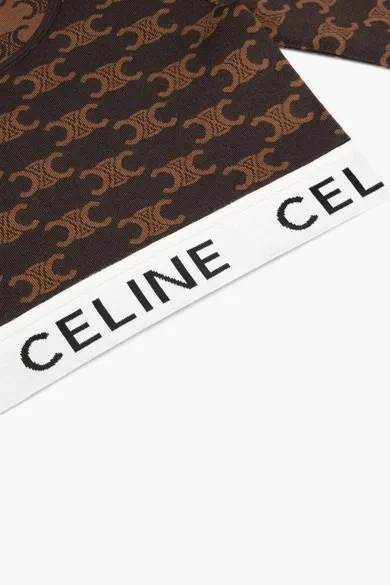 CELINE Women Monogram Triomphe Long Sleeves Crop Top in Black/Tan Silk Cotton 3