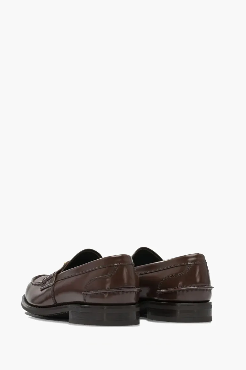 PRADA Men Moccasins Loafers in Brown Leather with Enamelled Metal Triangle Logo 1