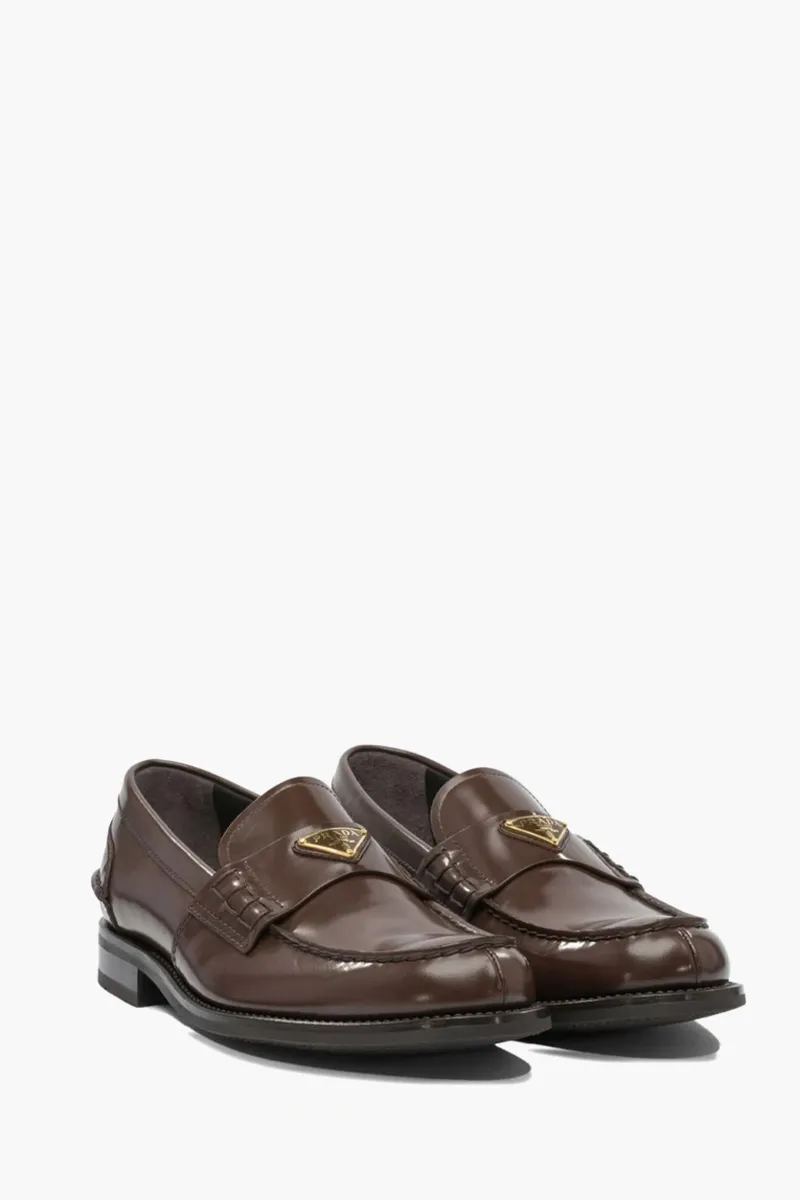 PRADA Men Moccasins Loafers in Brown Leather with Enamelled Metal Triangle Logo 2