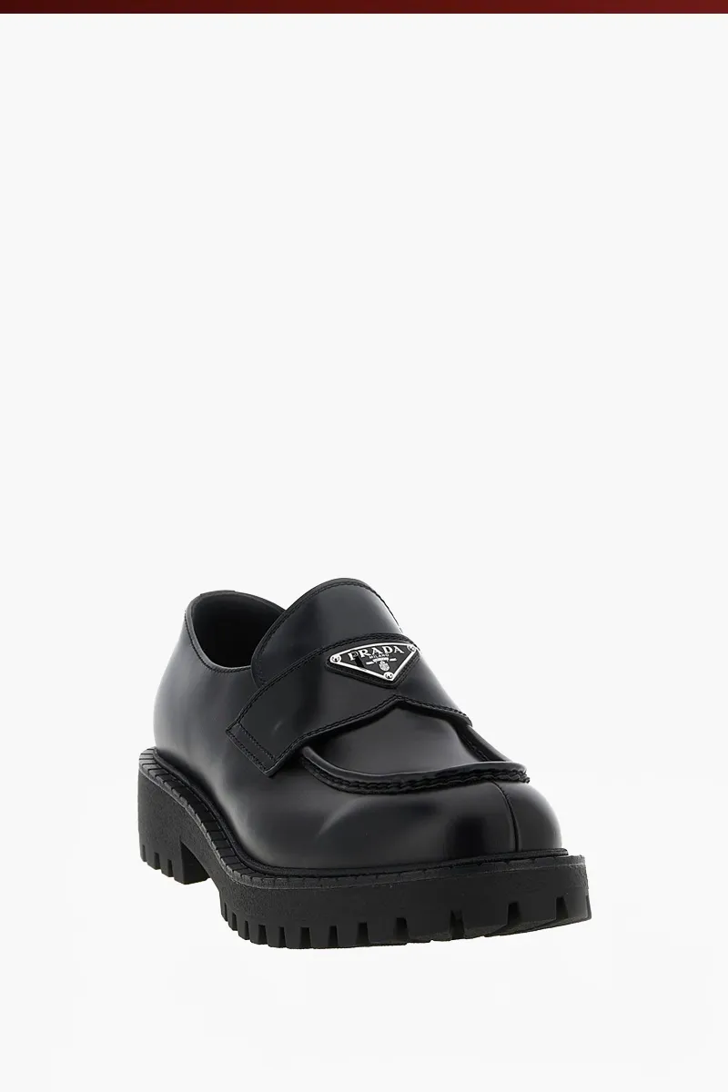PRADA Men Metal Triangle Logo Double Chocolate Loafers in Black Brushed Leather 2