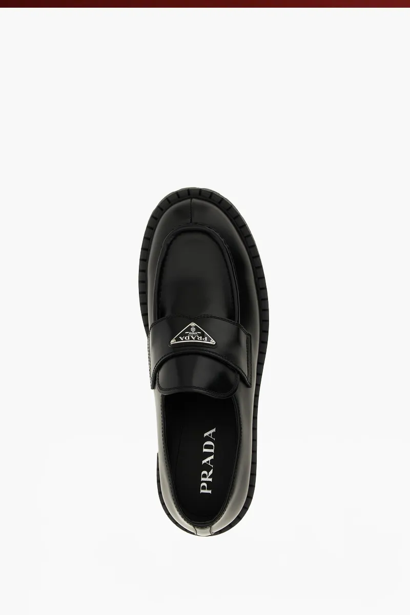 PRADA Men Metal Triangle Logo Double Chocolate Loafers in Black Brushed Leather 3