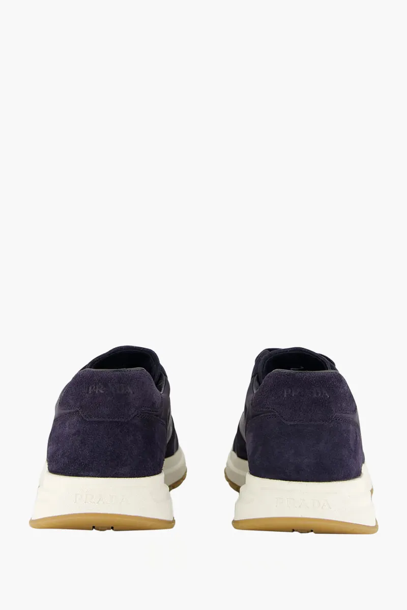 PRADA Men Prax 2.0 Low Top Sneakers in Navy Suede and Re-Nylon 1