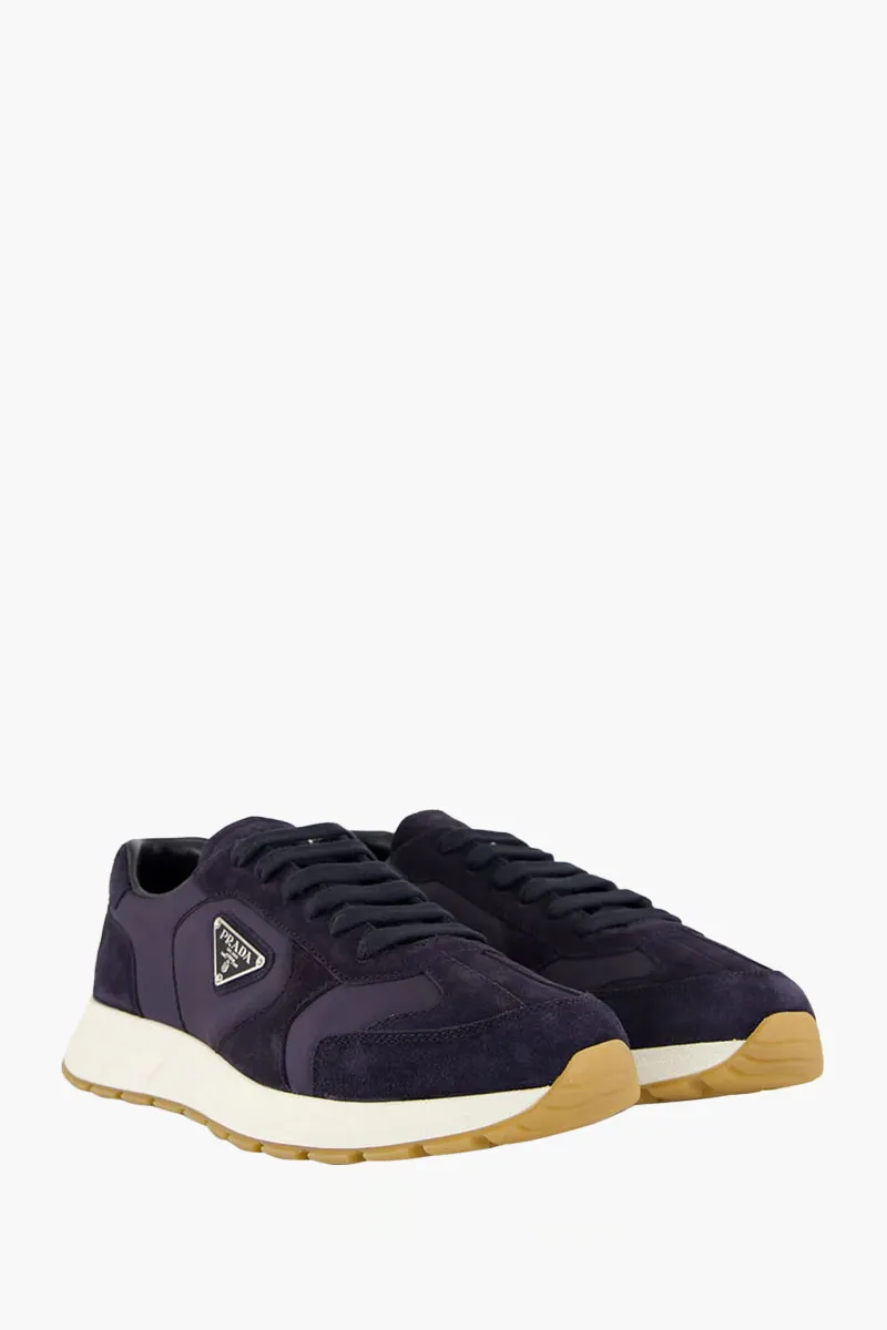 PRADA Men Prax 2.0 Low Top Sneakers in Navy Suede and Re-Nylon 2