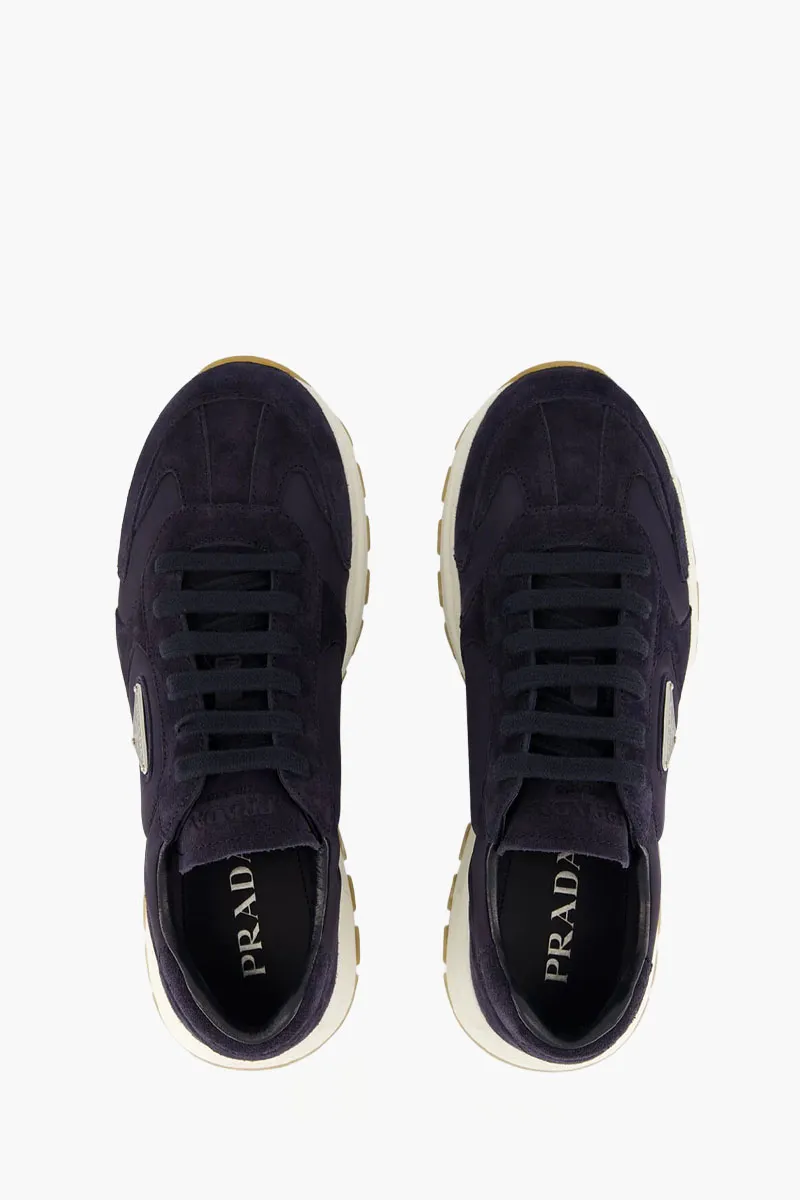 PRADA Men Prax 2.0 Low Top Sneakers in Navy Suede and Re-Nylon 3