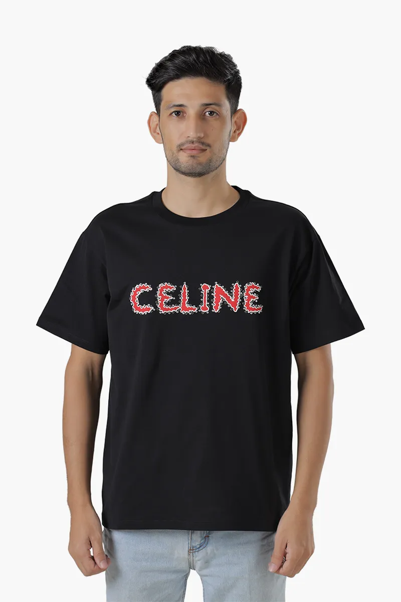 CELINE Men Rhinestone Studded Celine Print Loose T-Shirt in Black/Red Cotton Jersey 0