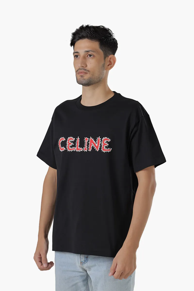 CELINE Men Rhinestone Studded Celine Print Loose T-Shirt in Black/Red Cotton Jersey 2