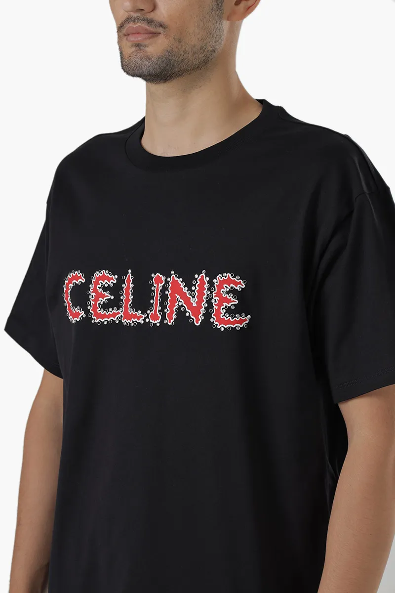 CELINE Men Rhinestone Studded Celine Print Loose T-Shirt in Black/Red Cotton Jersey 3