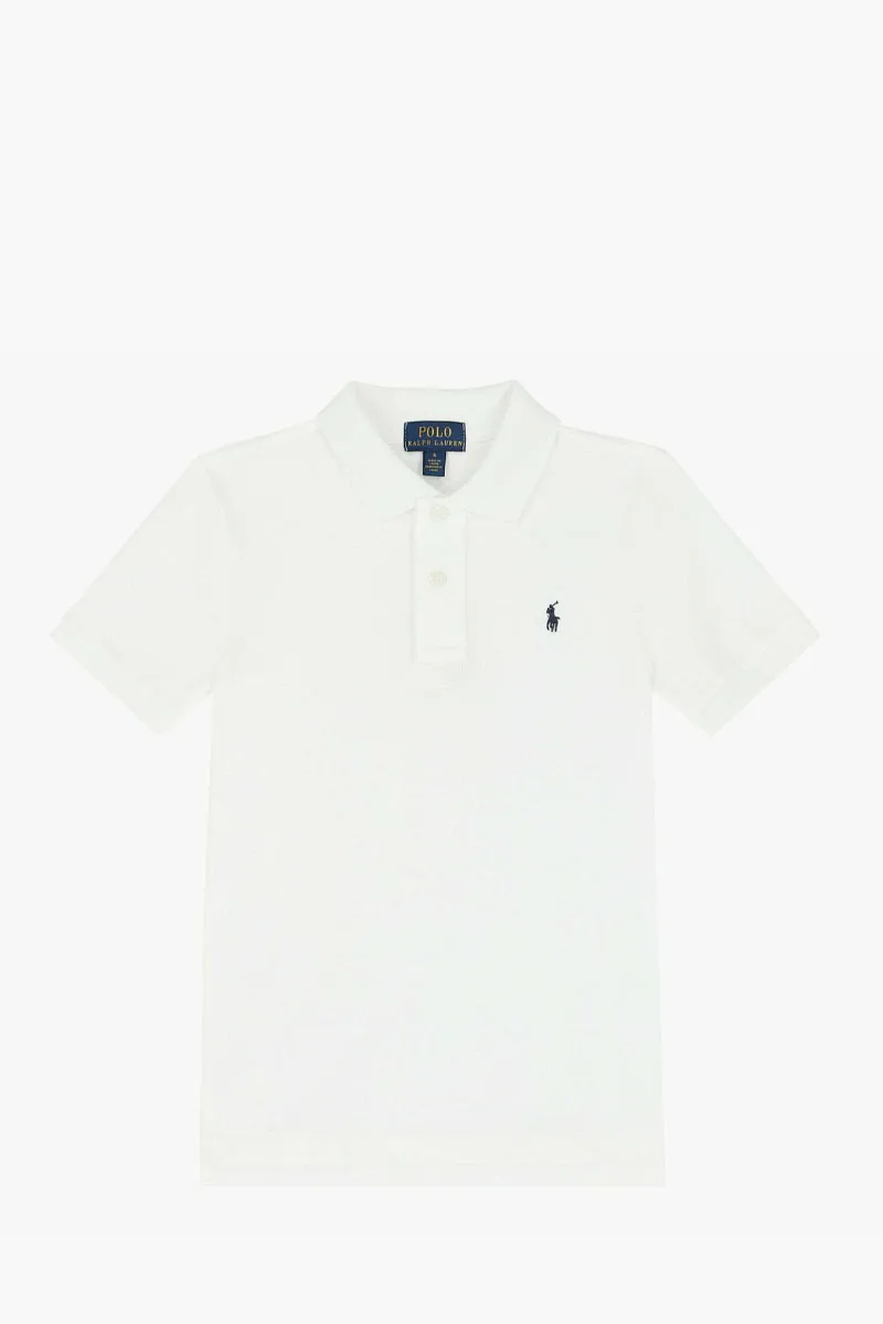 POLO RALPH LAUREN Kid Logo Embroidered Polo Shirt in White/Navy Cotton Piquet 0