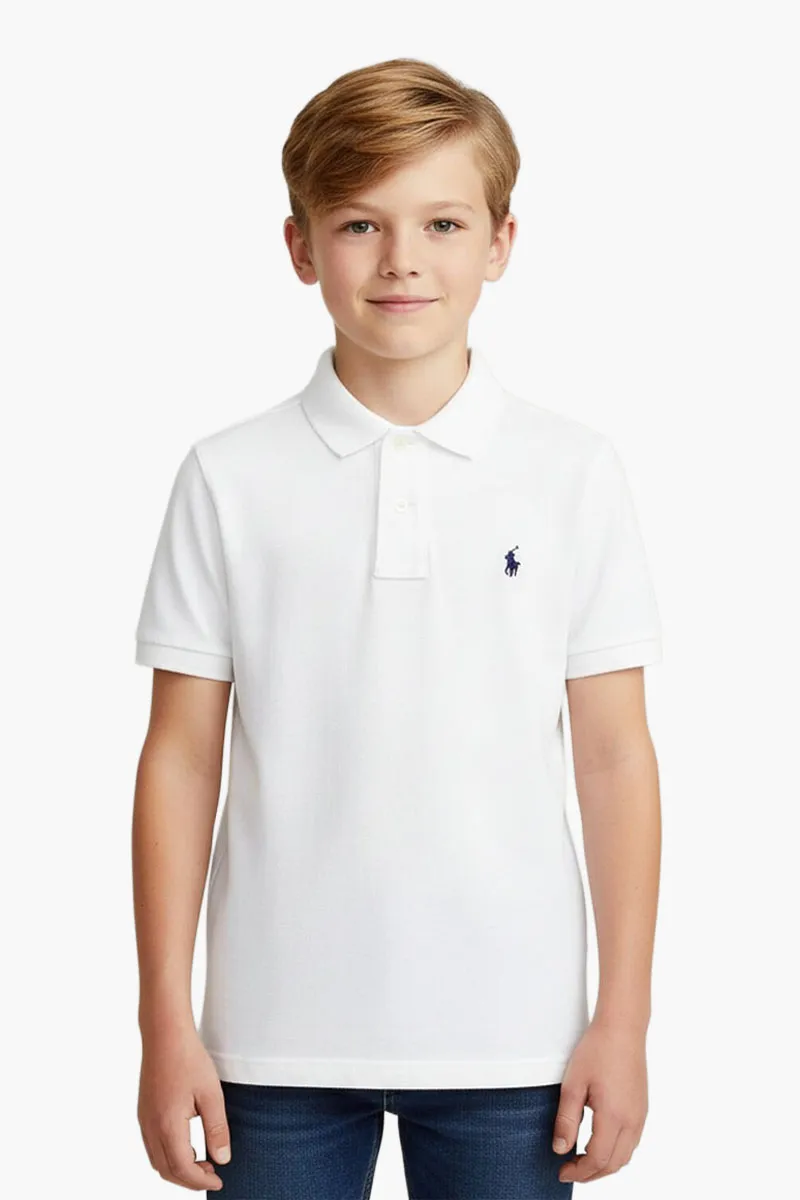 POLO RALPH LAUREN Kid Logo Embroidered Polo Shirt in White/Navy Cotton Piquet 1