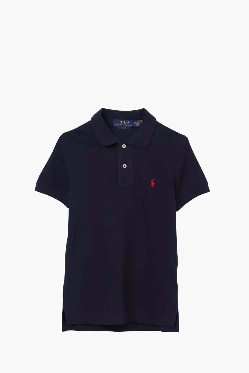 POLO RALPH LAUREN Kid Logo Embroidered Polo Shirt in Navy/Red Cotton Piquet 0