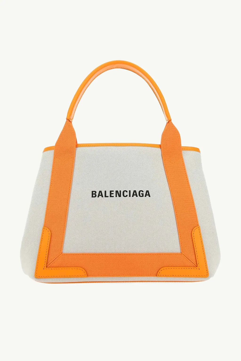 BALENCIAGA Small Navy Cabas Handbag in Natural/Orange Canvas x Calfskin with Logo Printed 0