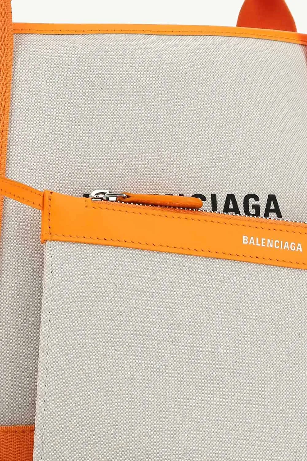 BALENCIAGA Small Navy Cabas Handbag in Natural/Orange Canvas x Calfskin with Logo Printed 4
