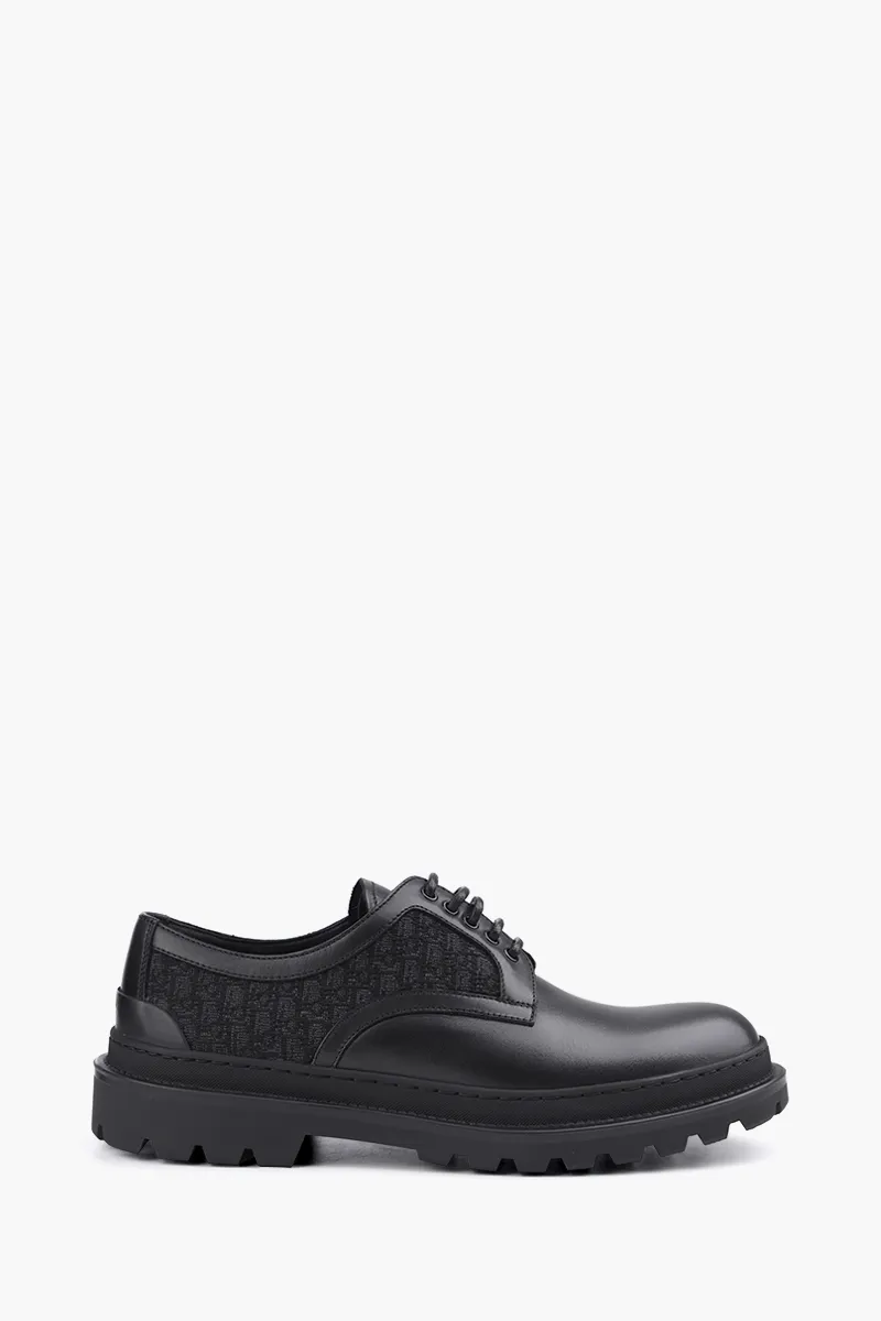 CHRISTIAN DIOR Explorer Oblique Derby Shoes in Black Smooth Calfskin x Jacquard 0