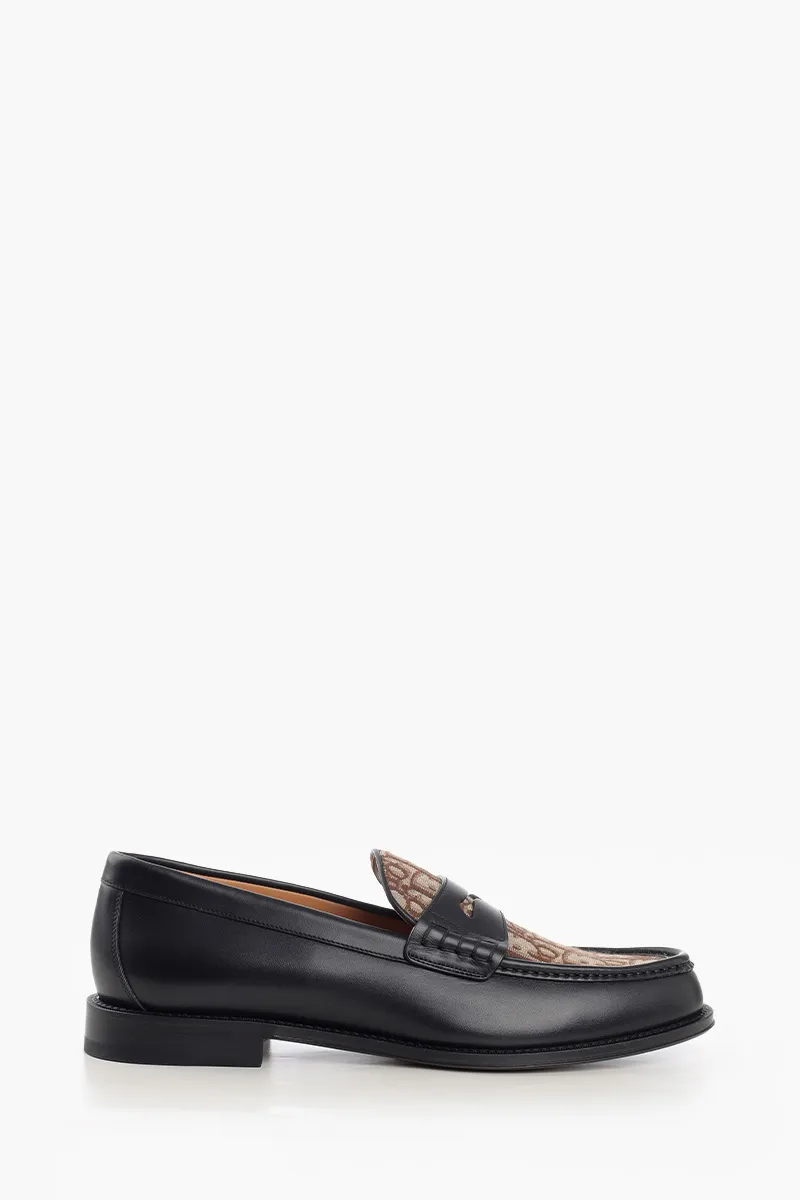 CHRISTIAN DIOR Granville Oblique Jacquard Loafers in Black/Brown Smooth Calfskin Canvas 0