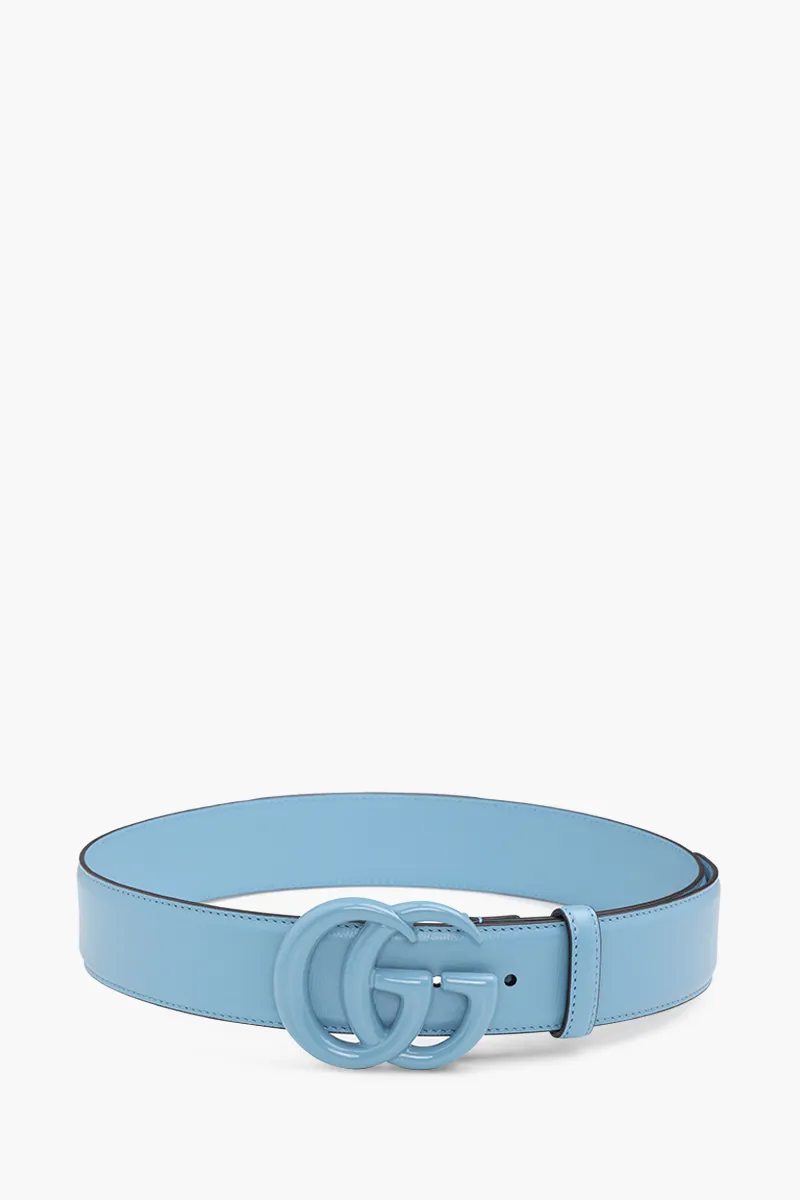 GUCCI GG Marmont Wide Belt 4cm in Pale Blue Leather with Double G Buckle 0