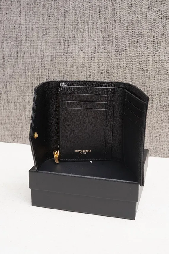 SAINT LAURENT Compact Tri-fold Wallet in Black Caviar Leather GHW 1