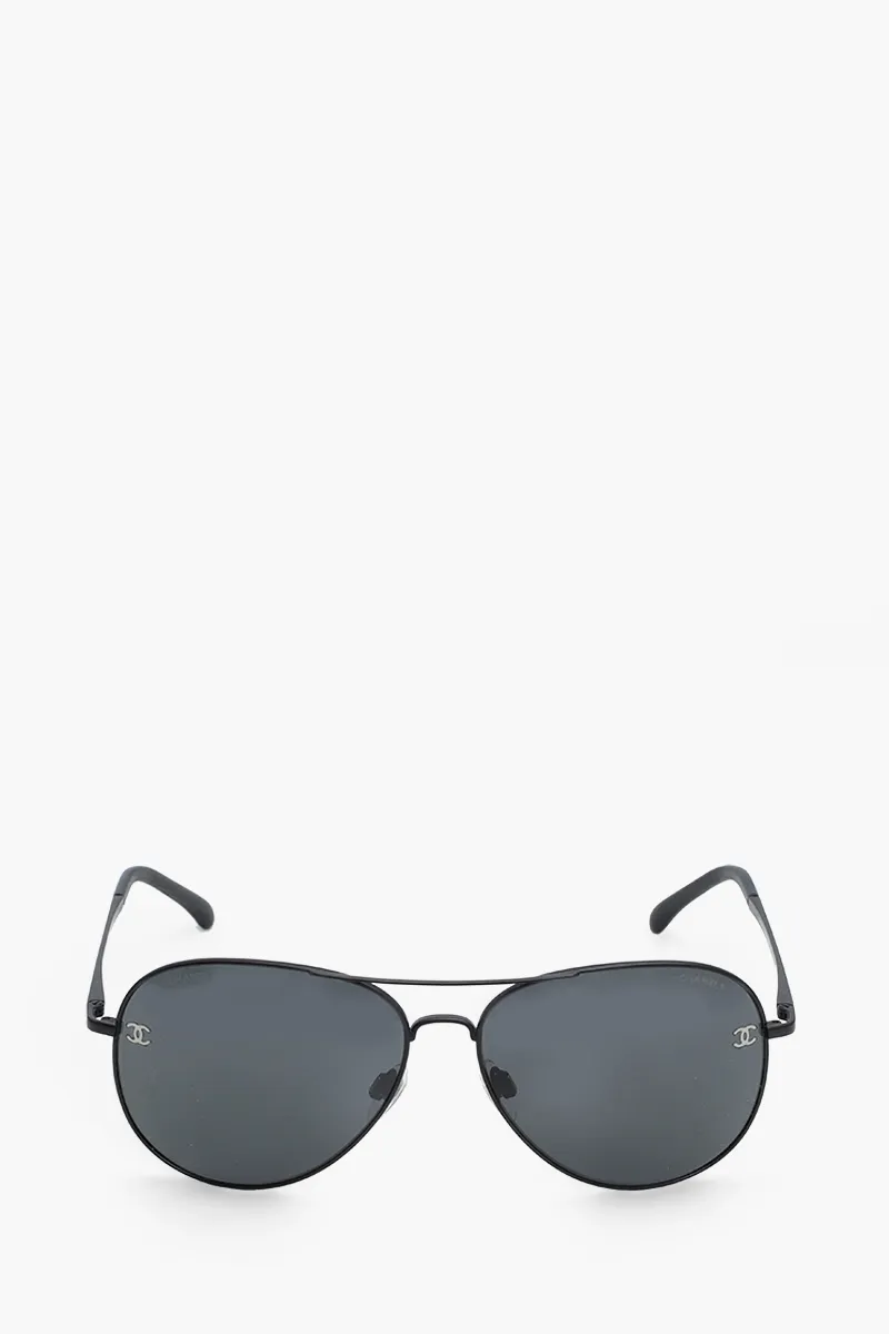 CHANEL Pilot Logo Sunglasses in Matte Brown/Dark Grey Titanium/Calfskin 0
