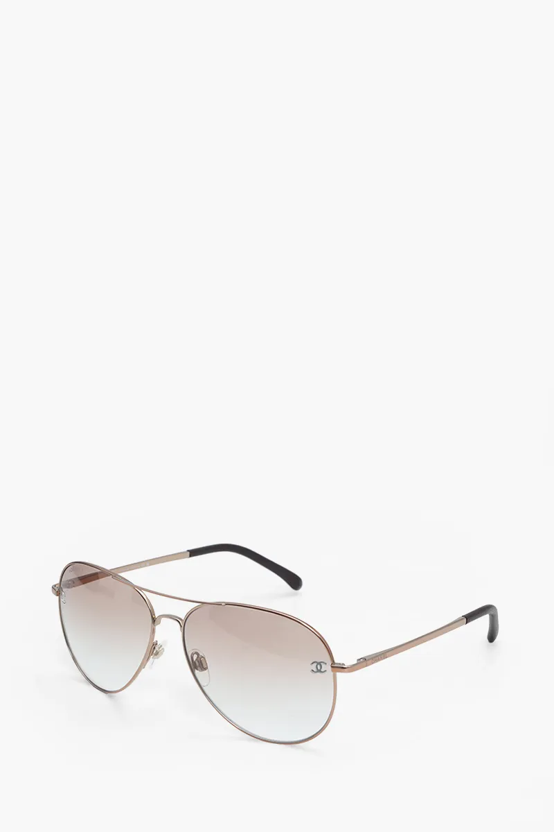 CHANEL Pilot Logo Sunglasses in Clear/Light Brown/Gradient Titanium/Calfskin 2