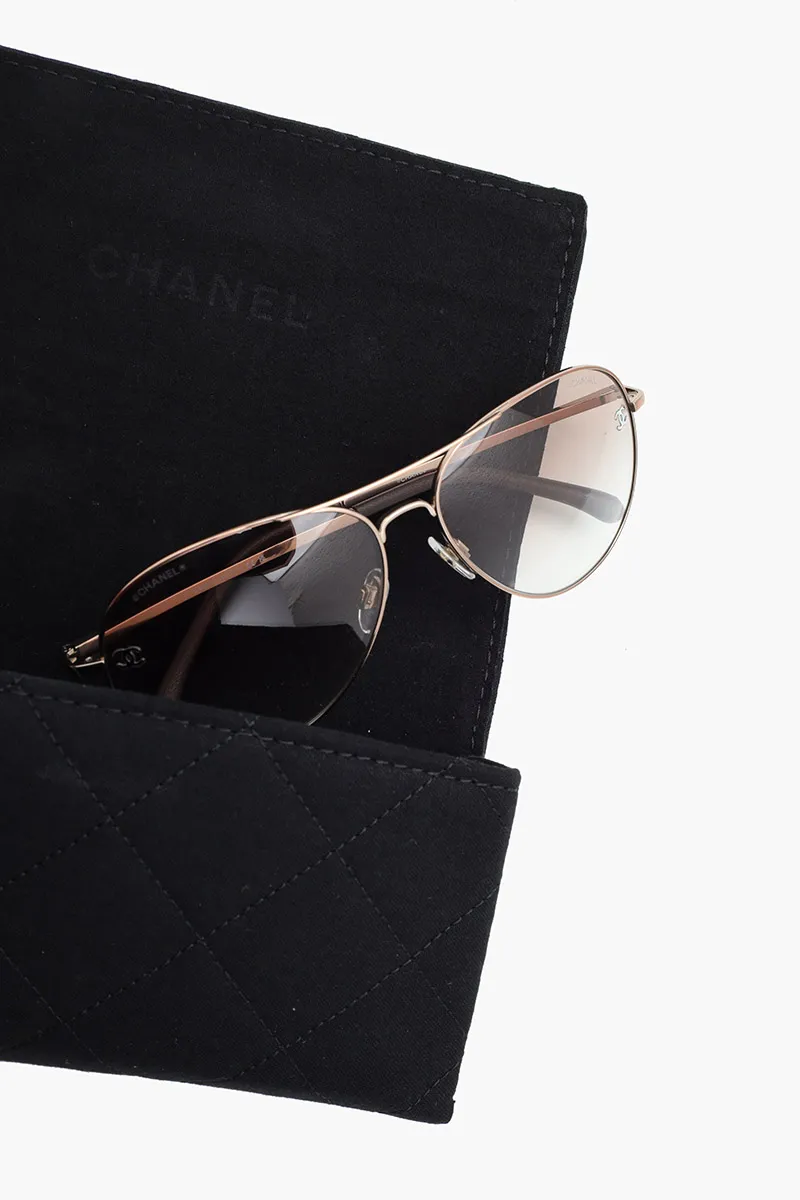 CHANEL Pilot Logo Sunglasses in Clear/Light Brown/Gradient Titanium/Calfskin 4