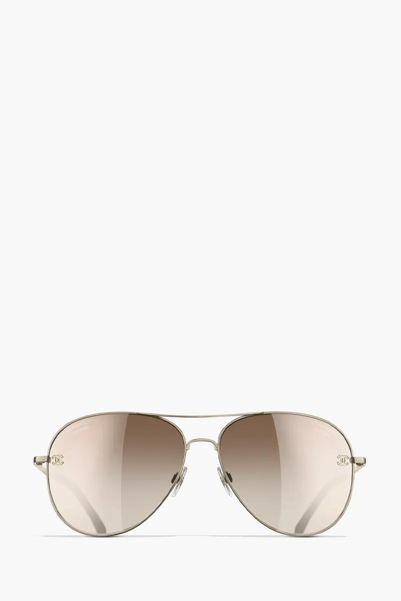 CHANEL Pilot Logo Sunglasses in Gold/Brown/Gradient Titanium/Calfskin 0