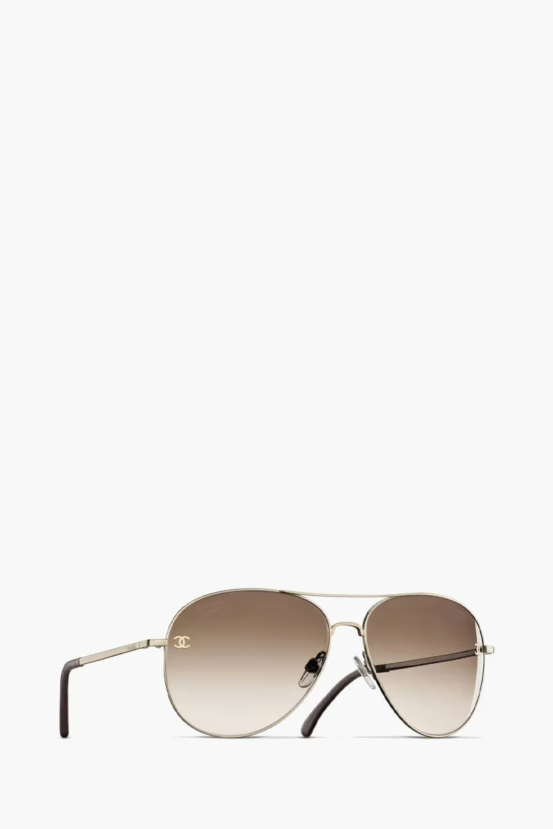 CHANEL Pilot Logo Sunglasses in Gold/Brown/Gradient Titanium/Calfskin 2