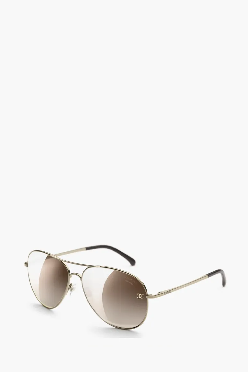 CHANEL Pilot Logo Sunglasses in Gold/Brown/Gradient Titanium/Calfskin 3