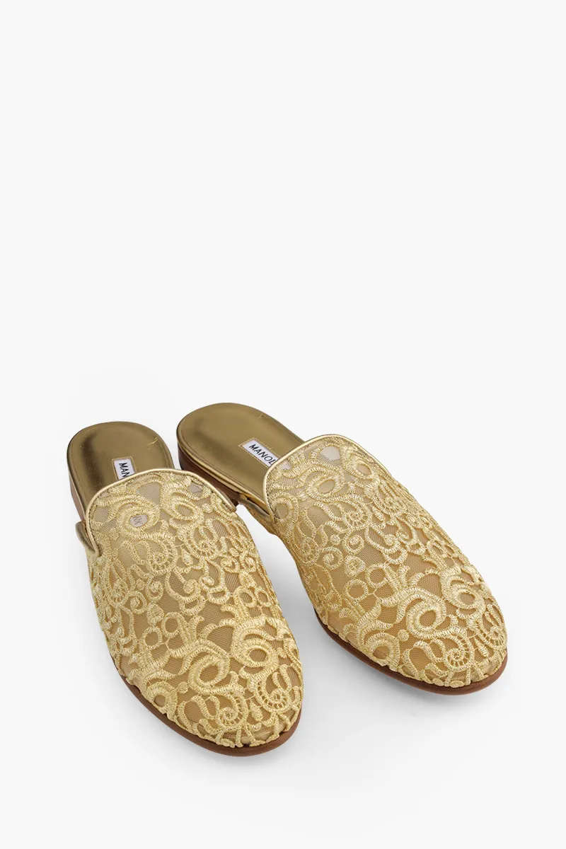 MANOLO BLAHNIK Mariamu 50th Anniversary Flat Mules in Gold Lace Macrame 1