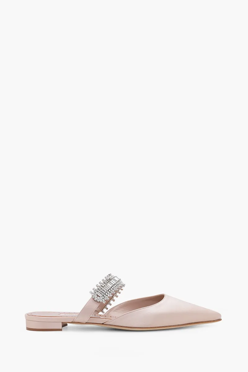 MANOLO BLAHNIK Lutara Flat Mules in Dark Nude Satin with White Crystal 0