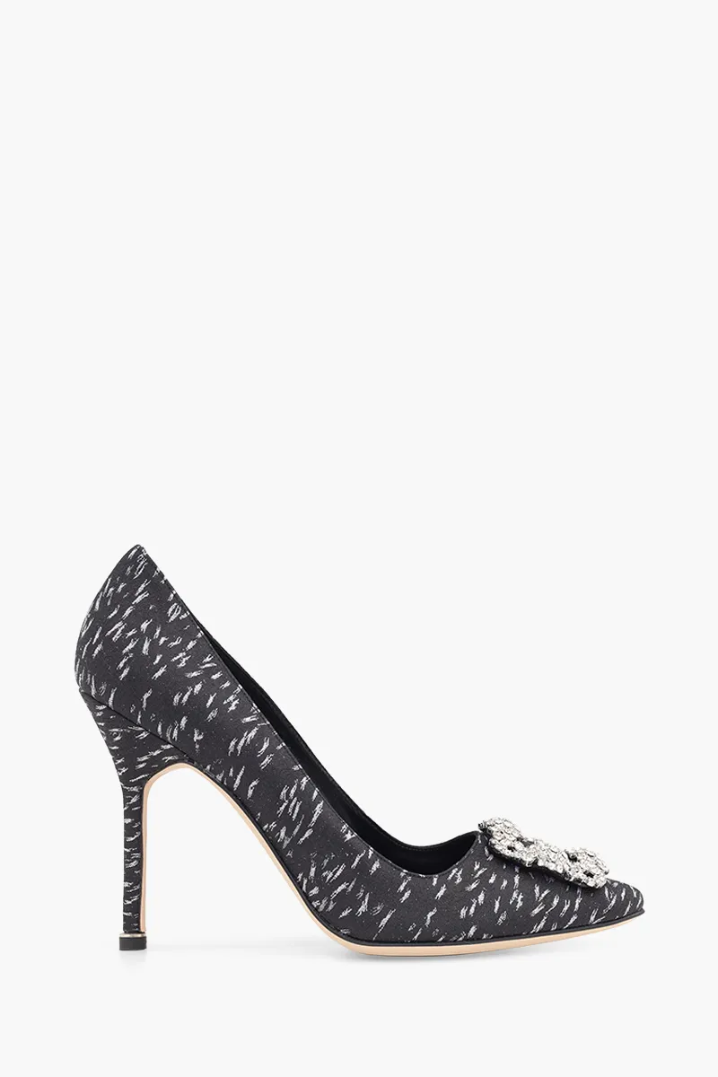 MANOLO BLAHNIK Hangisi Jacquard 10.5cm Pumps in Black/White Satin with White Crystal 0