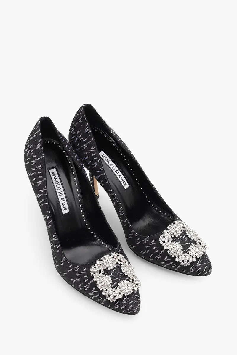 MANOLO BLAHNIK Hangisi Jacquard 10.5cm Pumps in Black/White Satin with White Crystal 1