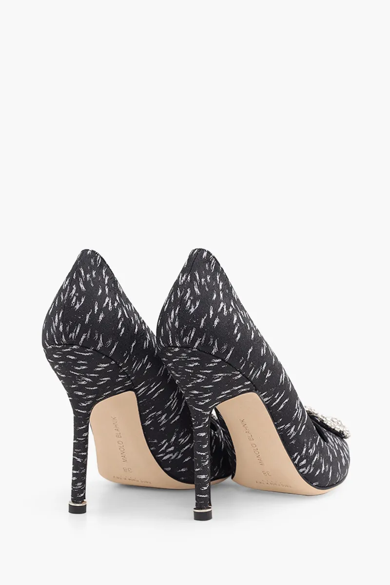 MANOLO BLAHNIK Hangisi Jacquard 10.5cm Pumps in Black/White Satin with White Crystal 2