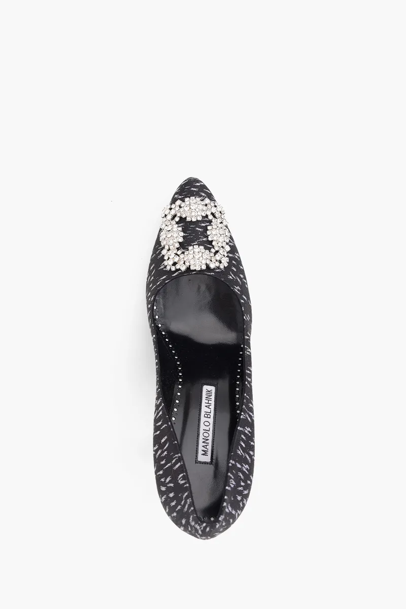 MANOLO BLAHNIK Hangisi Jacquard 10.5cm Pumps in Black/White Satin with White Crystal 3