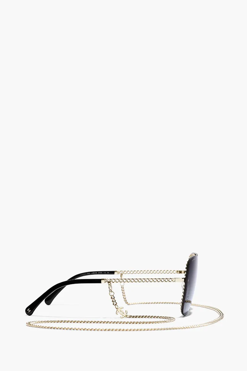 CHANEL Chain Square Sunglasses in Gold/Grey/Gradient Metal with Eyeglasses Chain 2