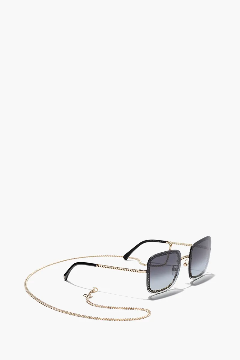 CHANEL Chain Square Sunglasses in Gold/Grey/Gradient Metal with Eyeglasses Chain 3