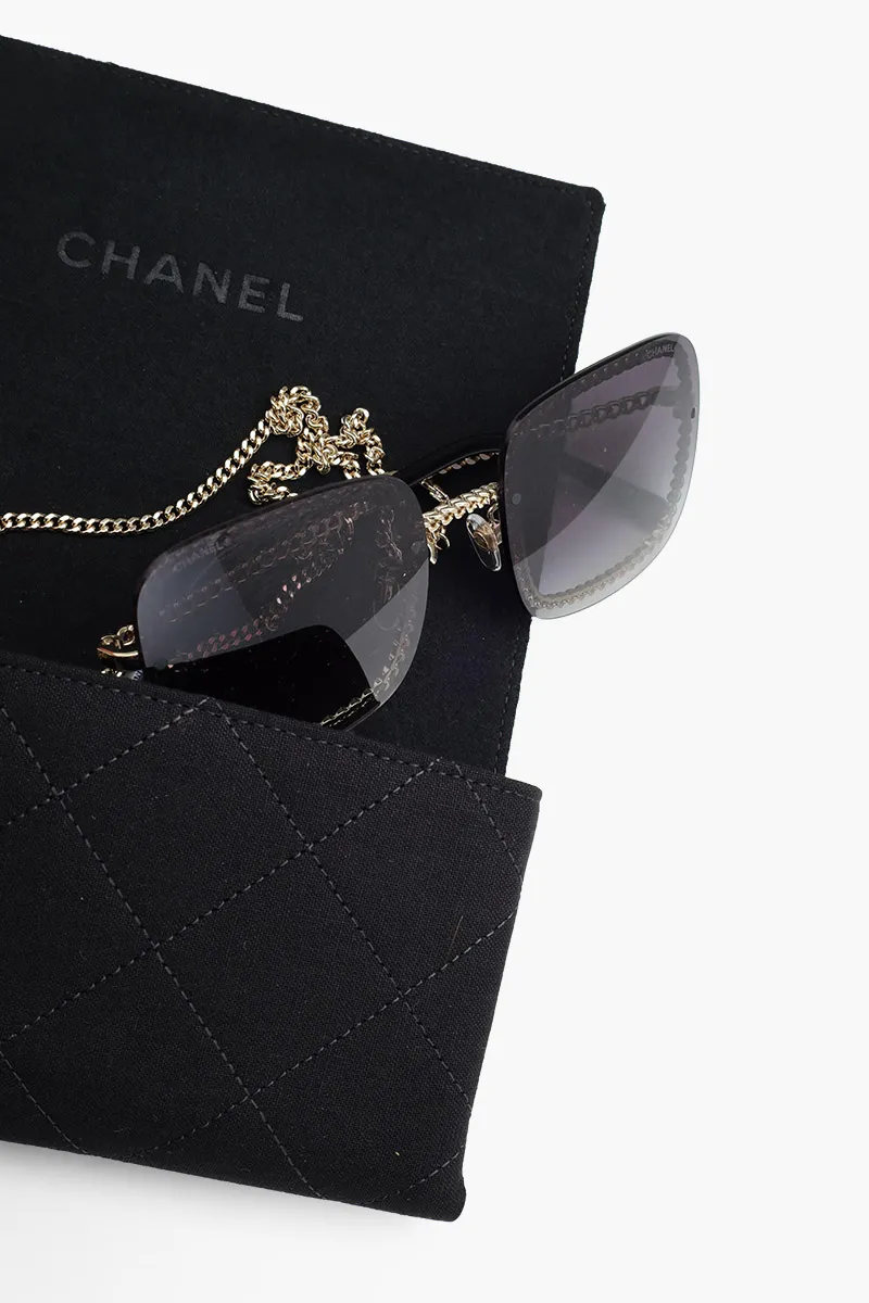 CHANEL Chain Square Sunglasses in Gold/Grey/Gradient Metal with Eyeglasses Chain 4