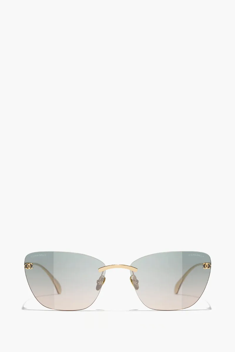 CHANEL Cat Eye Titanium Sunglasses in Light Gold/Green with Logo 0