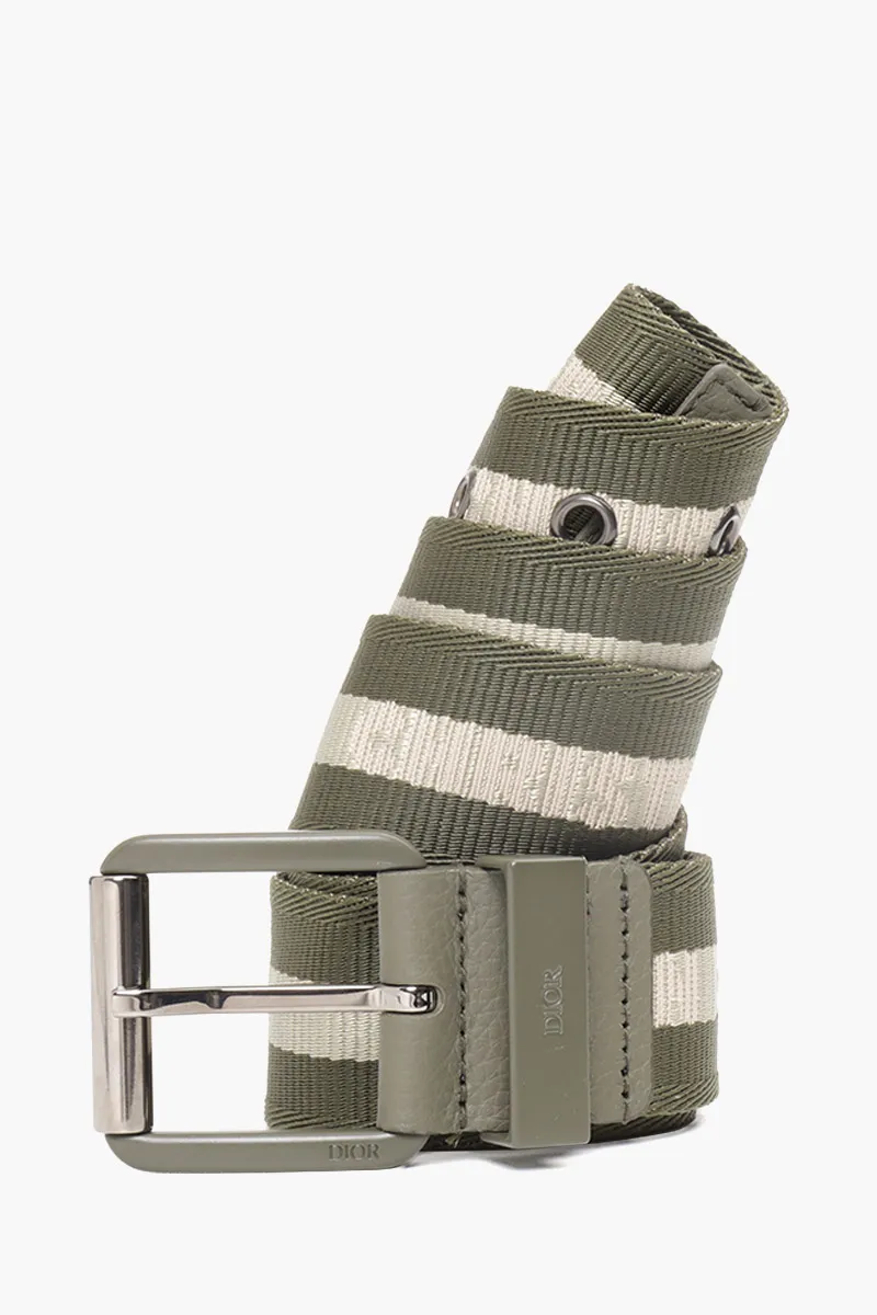 CHRISTIAN DIOR Square Buckle Belt 35mm in Olive/Beige Nylon Jacquard with Matte Olive Buckle 1