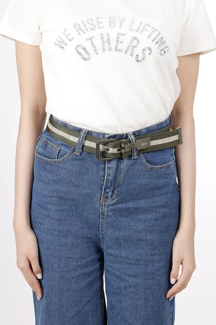 CHRISTIAN DIOR Square Buckle Belt 35mm in Olive/Beige Nylon Jacquard with Matte Olive Buckle 4