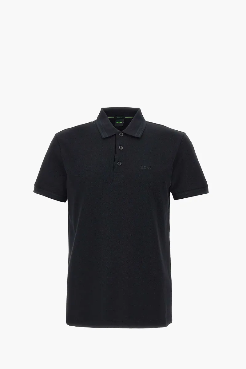 HUGO BOSS Men Paddy Organic-Cotton Regular Fit Polo Shirt in All Black with Contrast Logo Details 0