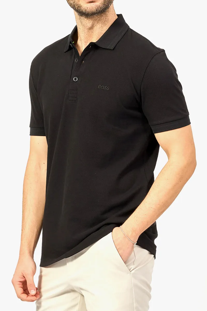 HUGO BOSS Men Paddy Organic-Cotton Regular Fit Polo Shirt in All Black with Contrast Logo Details 2