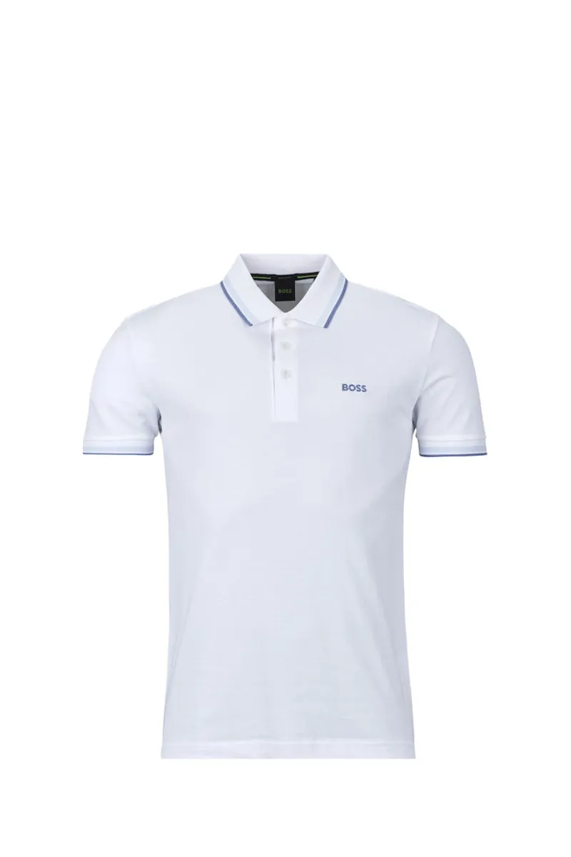 HUGO BOSS Men Paddy Organic-Cotton Regular Fit Polo Shirt in White/Blue with Contrast Logo Details 0